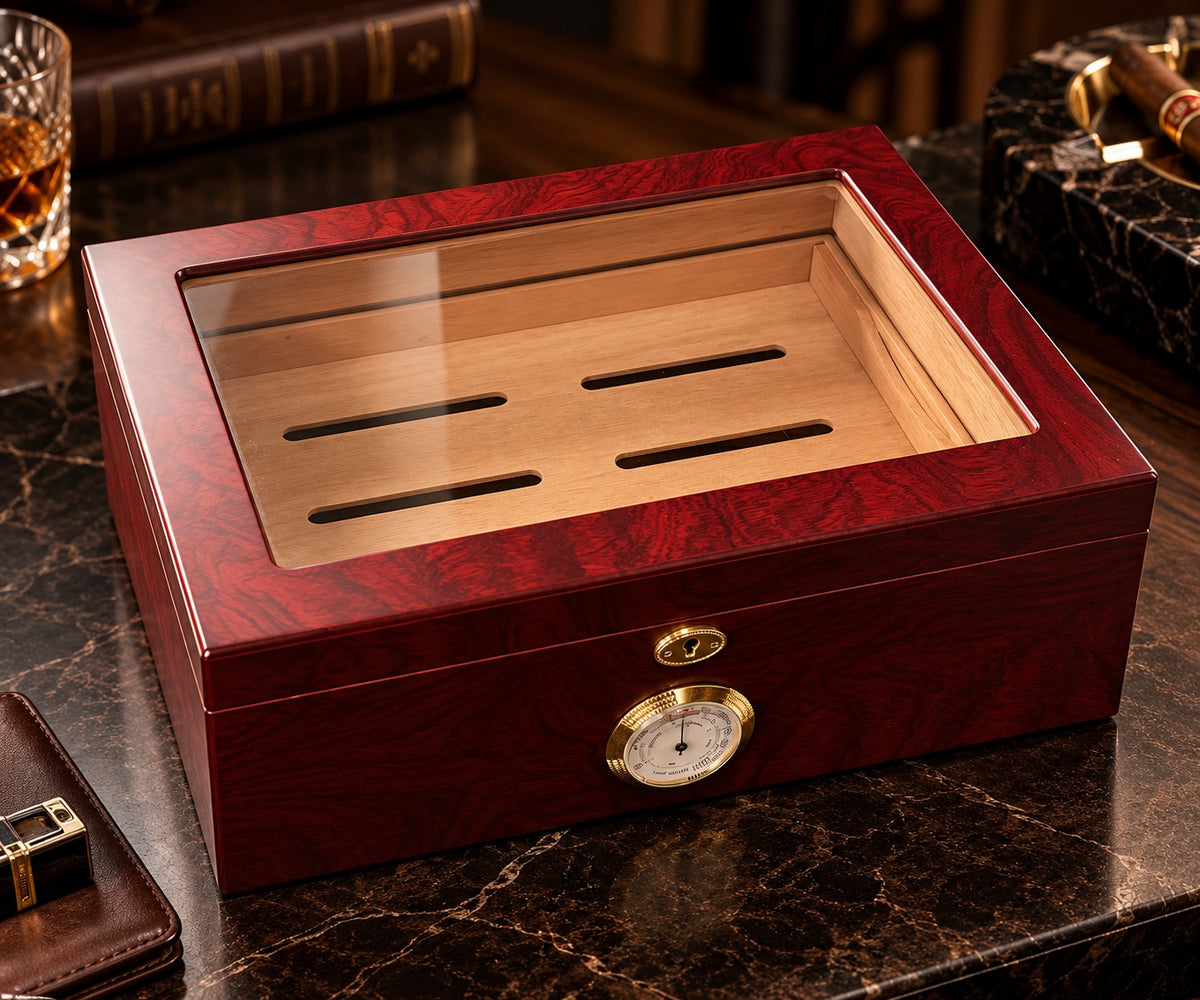Cedar box with red woodgrain finish, glass viewing lid, wooden interior, and front dial