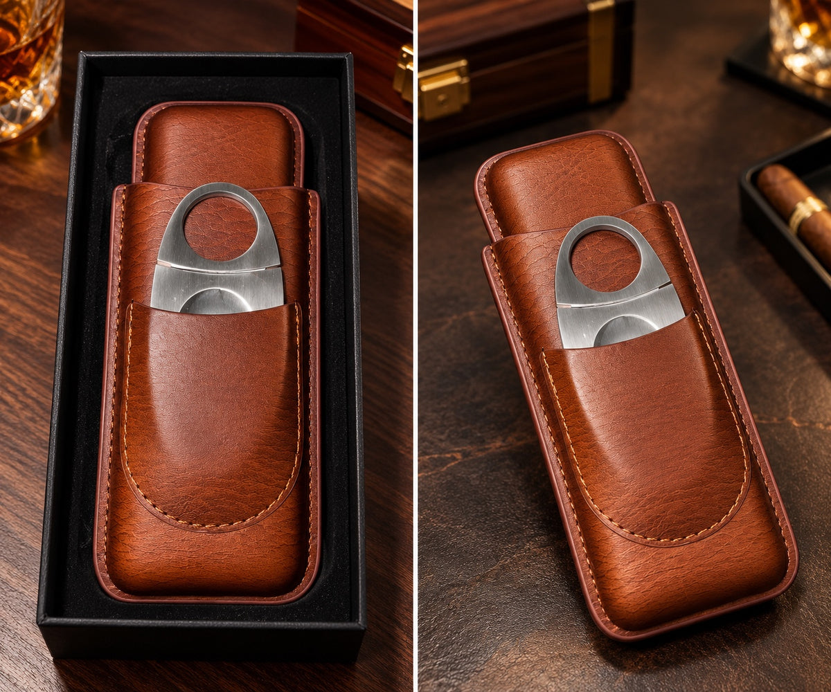 Brown double case with cutter in a leather-look finish, shown boxed and from an angled view