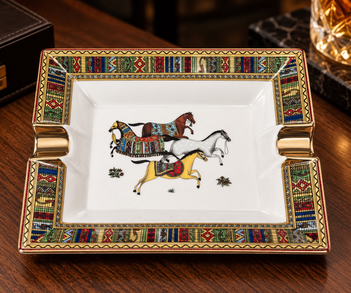 Equestrian decorative ashtray with patterned border and gold-tone accents