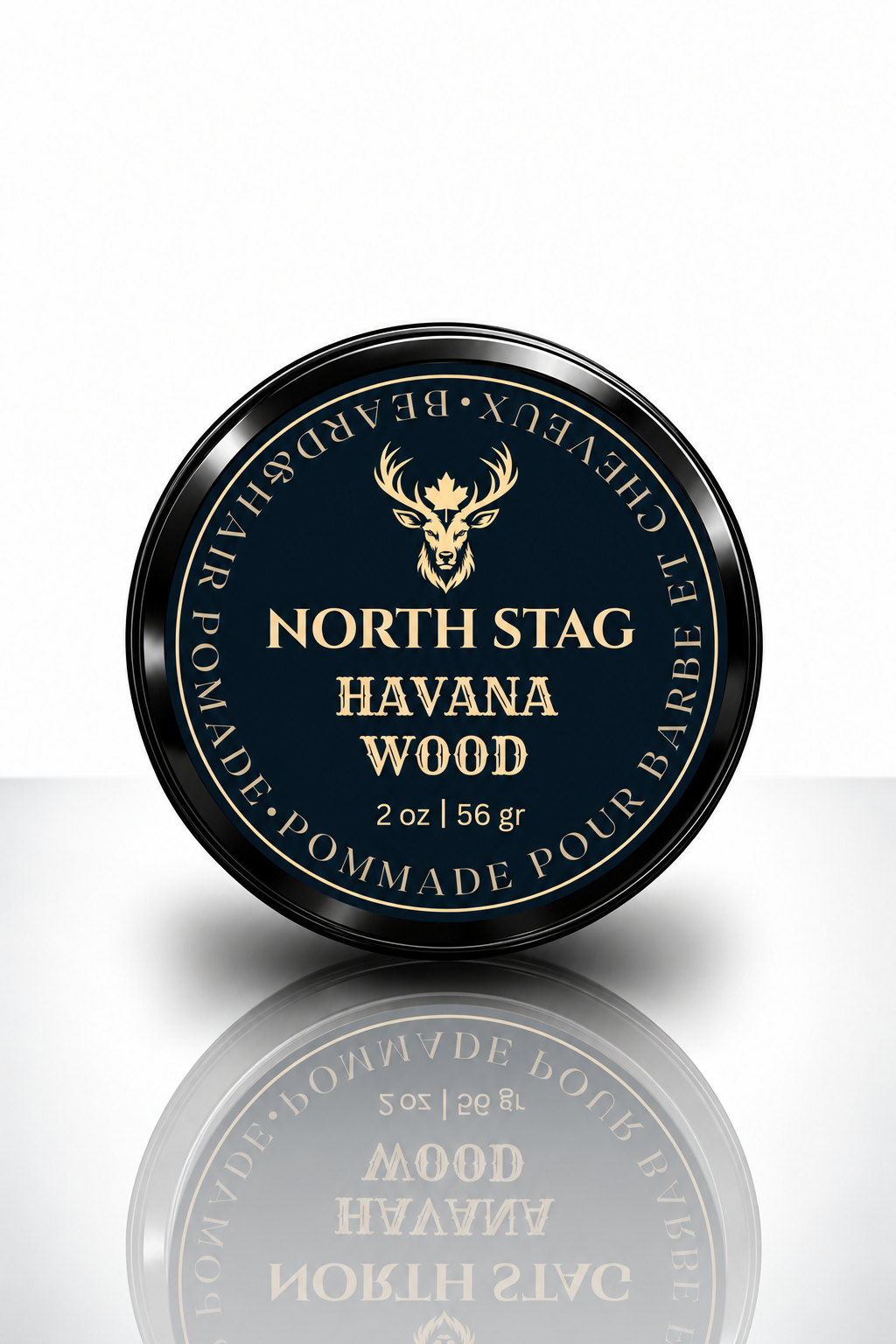 North Stag Havana Wood Beard & Hair Pomade black tin with navy and gold label, 2 oz / 56 g