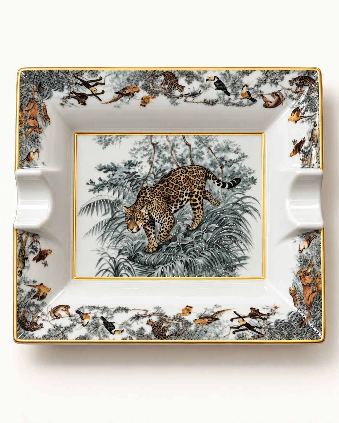 Top view of leopard jungle decorative ashtray with wildlife illustration and gold trim
