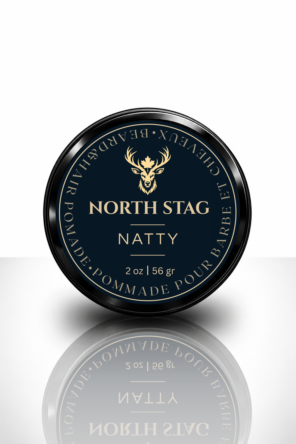 North Stag Natty Beard & Hair Pomade black tin, navy and gold circular label, 2 oz / 56 g