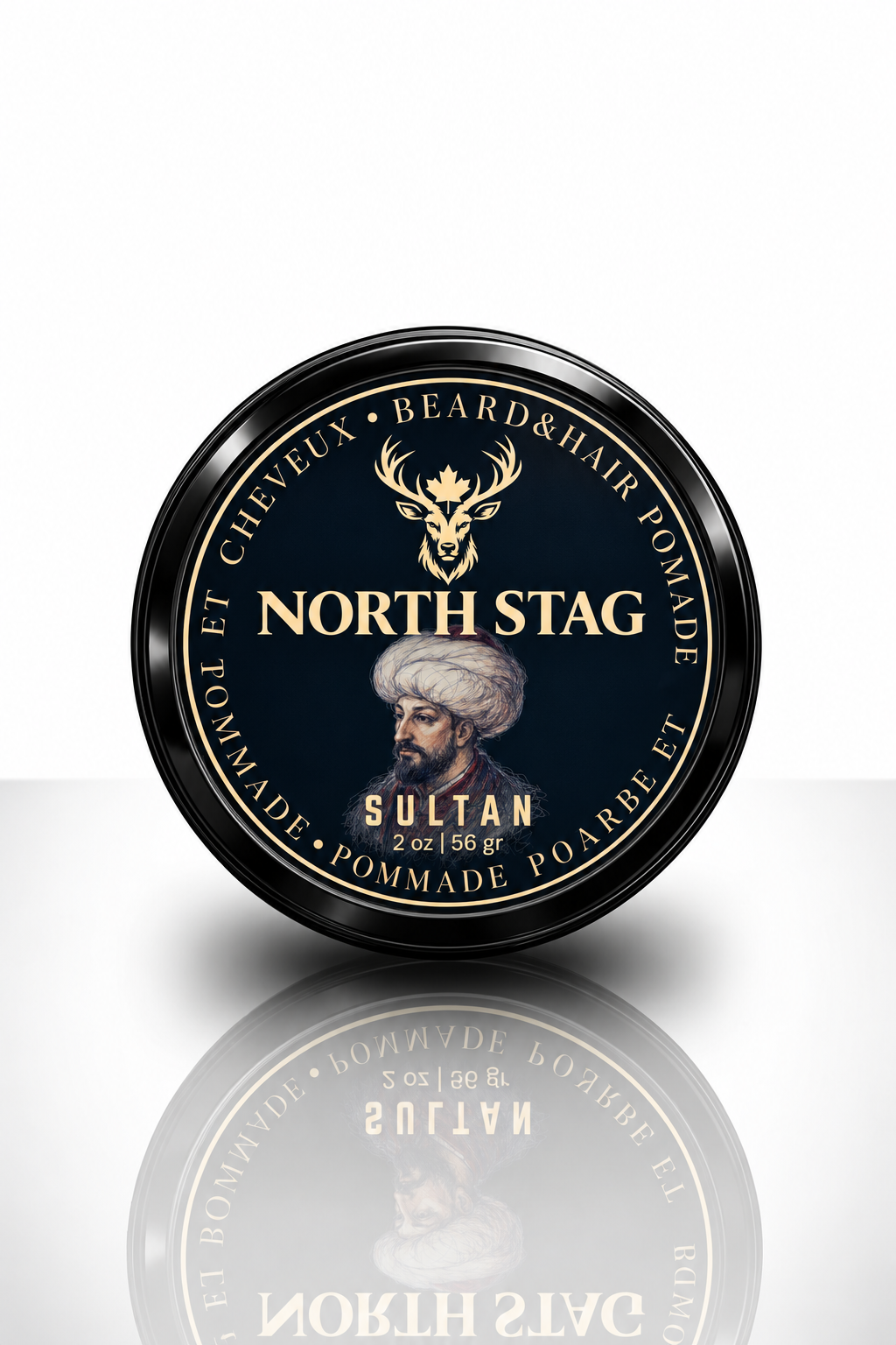 North Stag Sultan Beard & Hair Pomade, 2 oz / 56 g black tin with navy and gold Sultan label