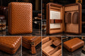 Cognac brown braided leather-look travel accessories case pictured open and closed with organized wood-lined interior