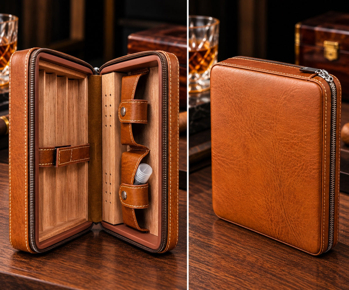 Brown travel accessories leather-look case with zipper, shown open and closed with a wood-lined interior