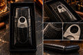 Triple case with cutter in black crocodile-textured finish, including close-up and side views
